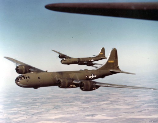 Rare color photograph of olive-drab painted B-29s.